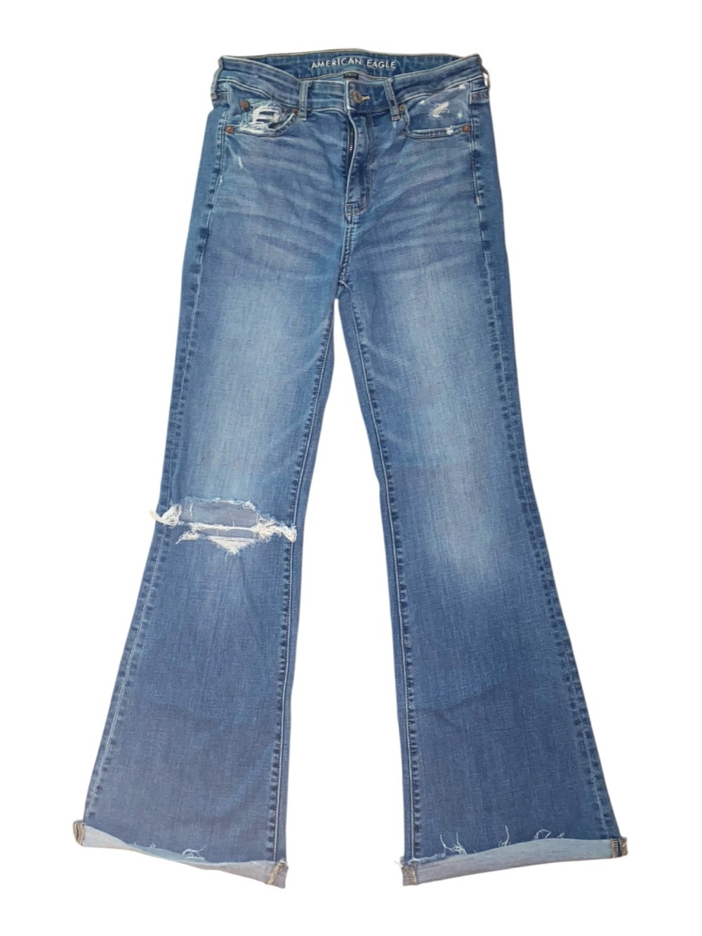 AMERICAN EAGLE Super Hi-Rise Wide Leg Distressed Flare Jeans Mid Blue Wash SZ 4